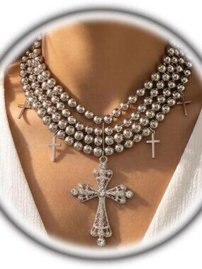 Gold Layered Cross Statement Necklace for Women,Vintage Ball Beaded Chunky Cruci